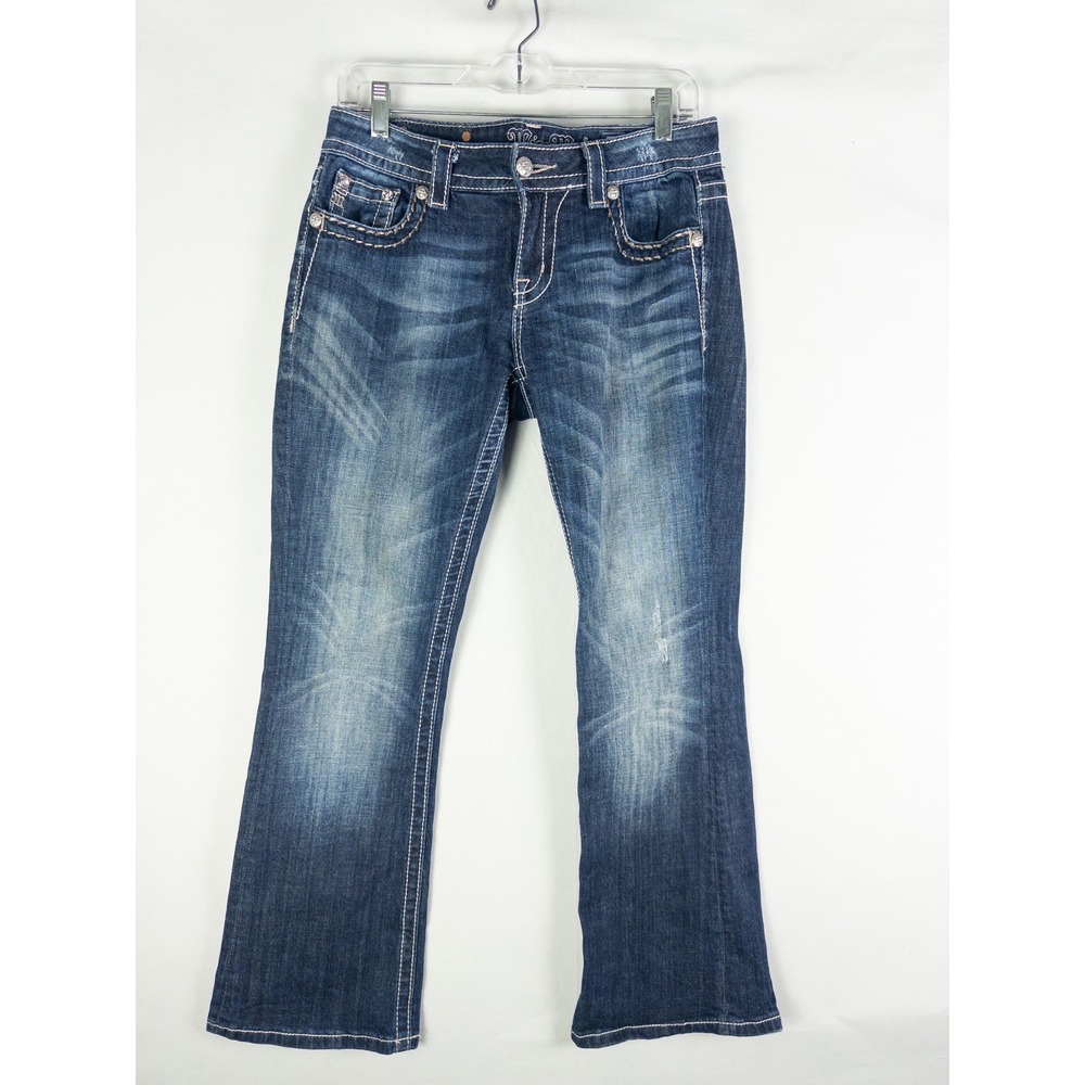 Miss Me Mid-Rise Easy Boot Cut Jeans Womens 27 Dark Wash Rhinestone Cross Y2K We